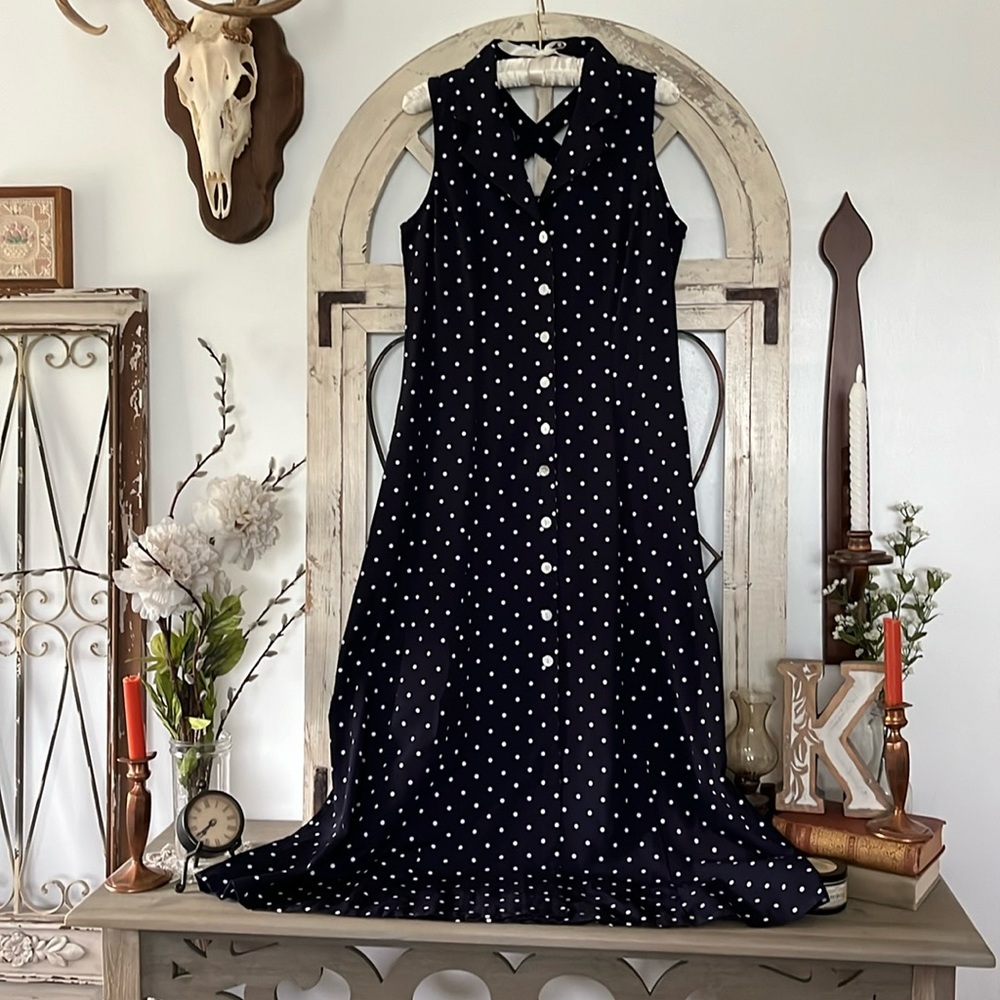 Vintage Navy and White Polka Dot Button Down Sleeveless Sheri Martin Midi Dress